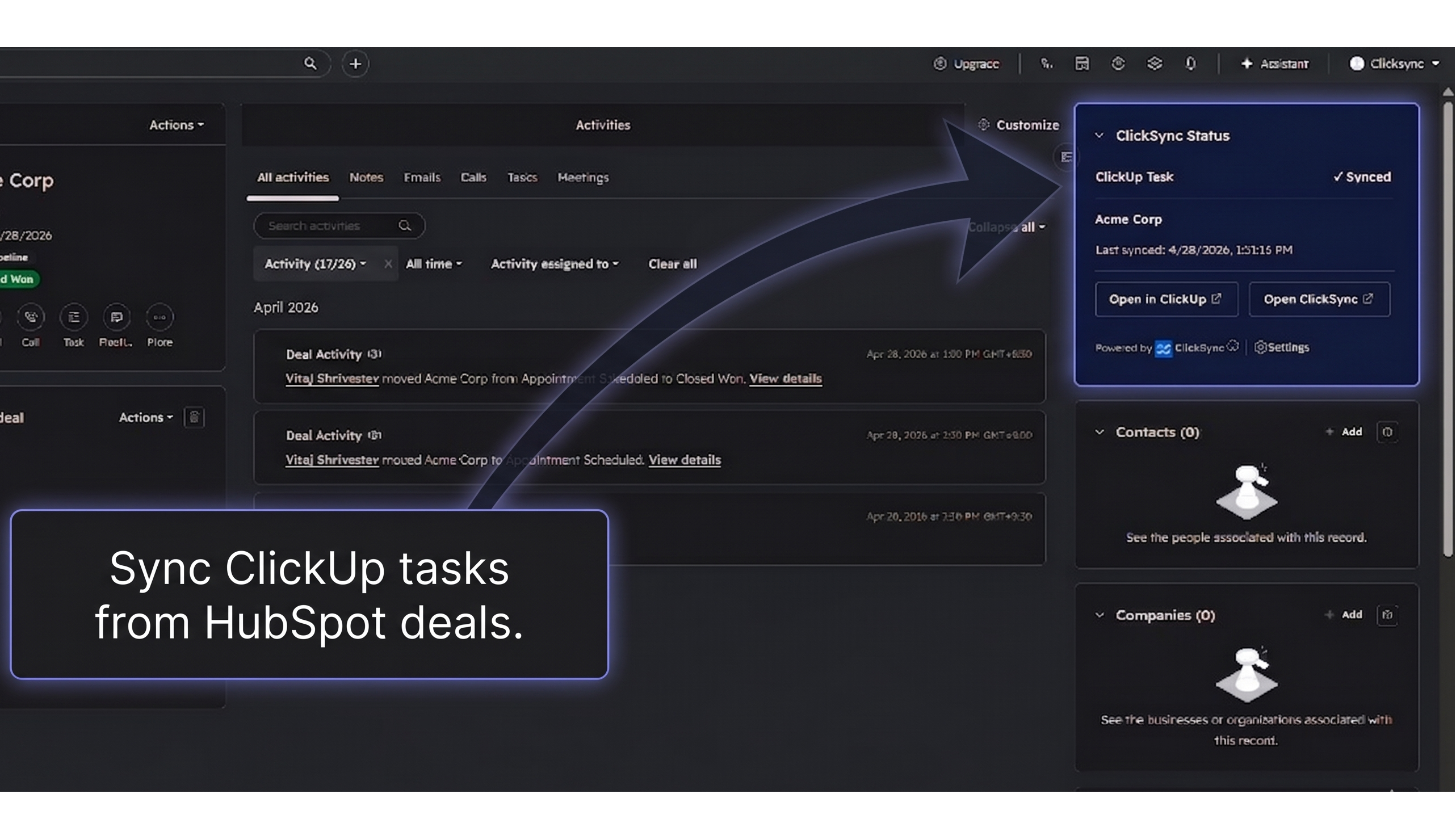 연결된 ClickUp 작업 이름과 HubSpot 거래 레코드에 대한 동기화 상태를 보여주는 ClickSync 사이드바 카드